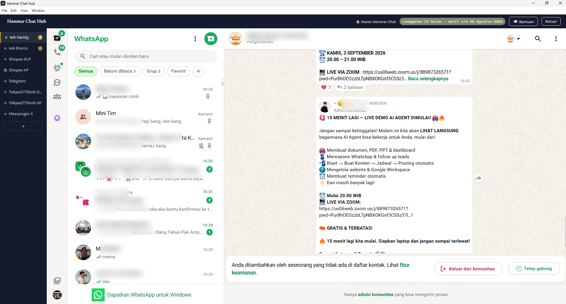 Tampilan WhatsApp Web asli di dalam Hanmar Chat Hub
